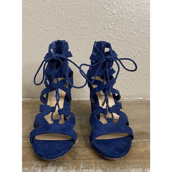 Steve Madden Gal Sandals Sz 6.5‎ Womens Blue Gladiator Lace Up Block Heel - Picture 5 of 14